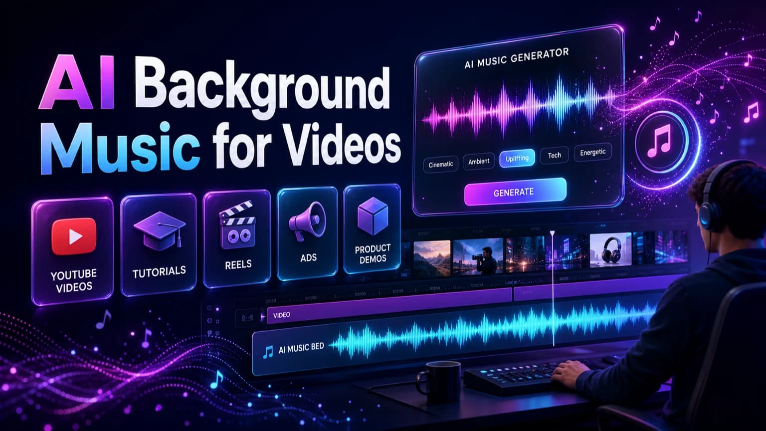 AI background music for videos cover with neon video timeline, waveform bed, and creator editing panels
