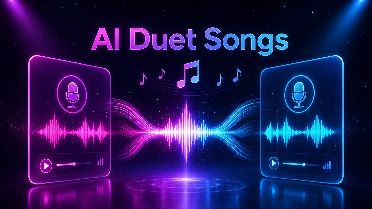 AI duet songs cover with two glowing vocal cards, magenta and cyan waveforms, and merged harmony waveform