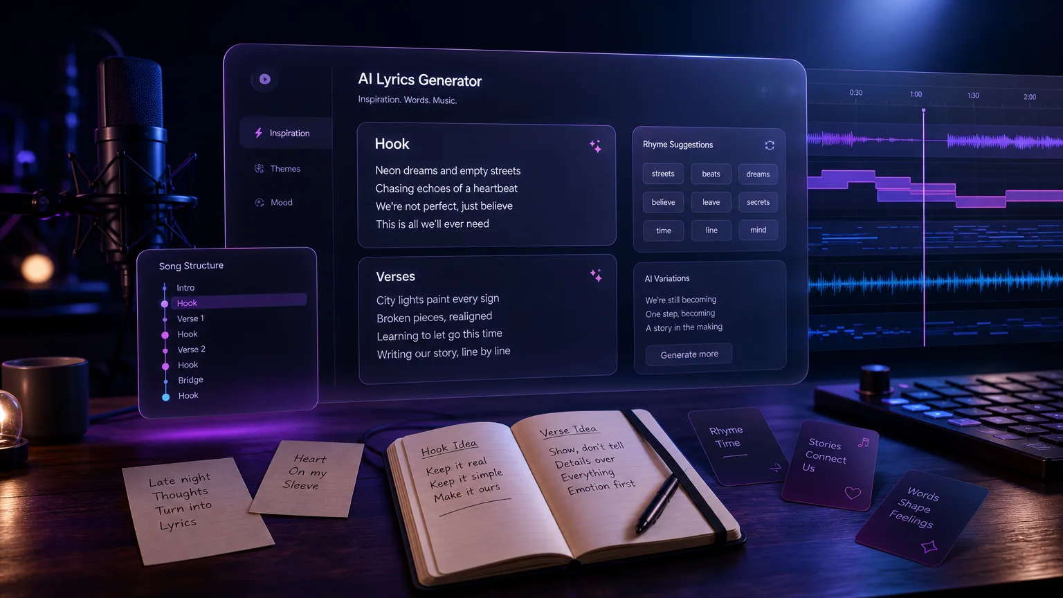 AI lyrics writing workspace with glowing notebook, pen, and music waveform background