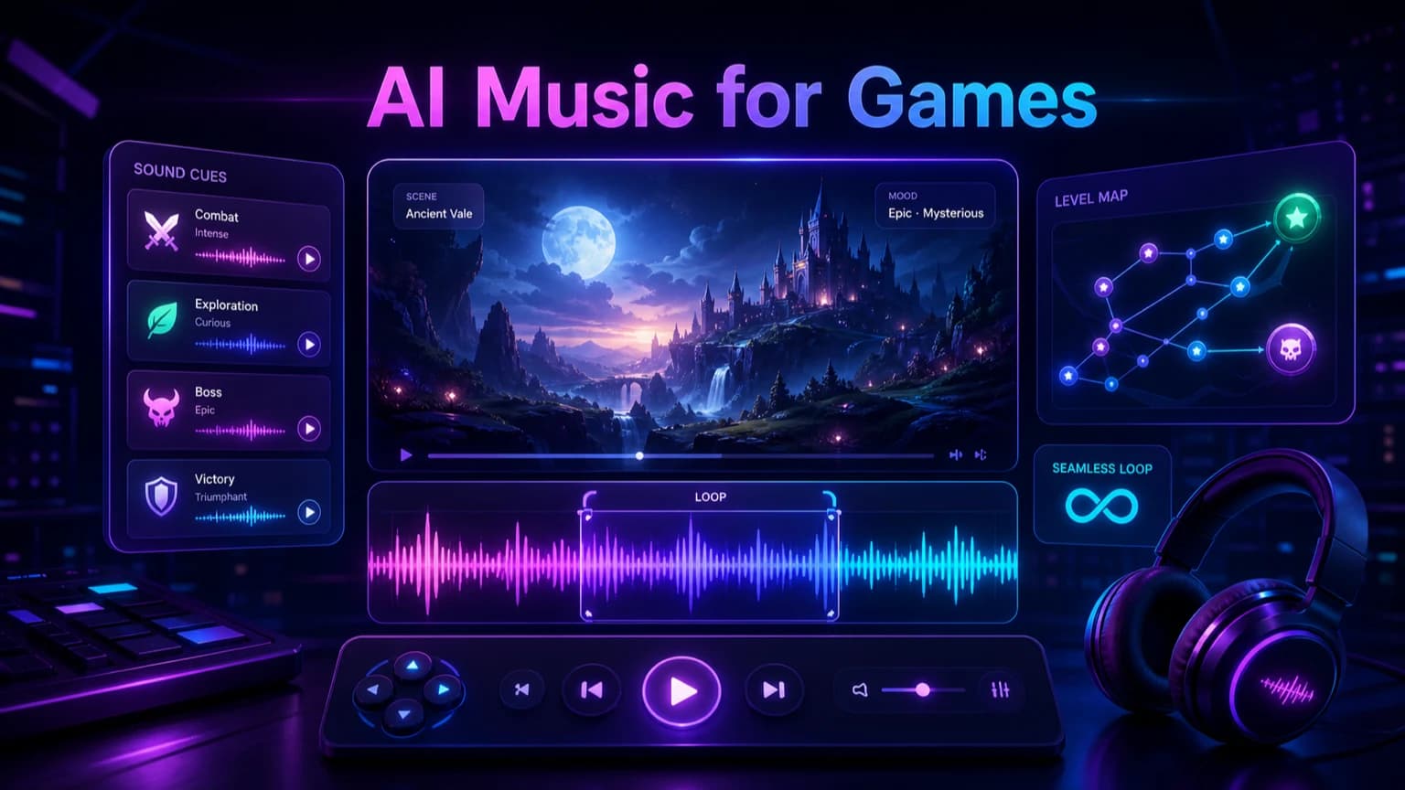 AI music for games workflow with fantasy level preview, loop waveform, sound cues, and level map