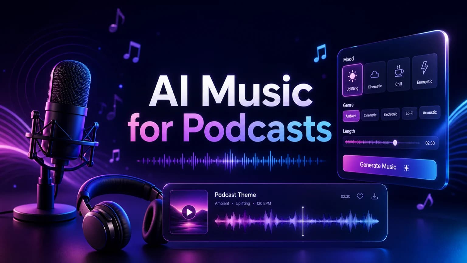 AI music for podcasts cover with neon microphone, headphones, waveform, and creator workflow cards