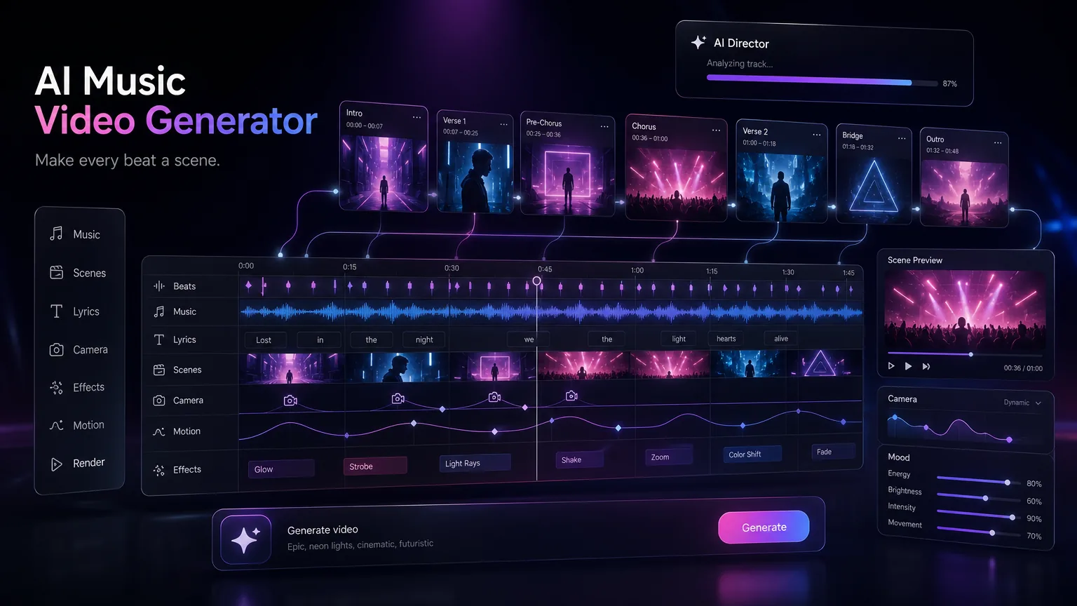 AI music video production scene with singer artwork, neon stage, and synchronized visual panels