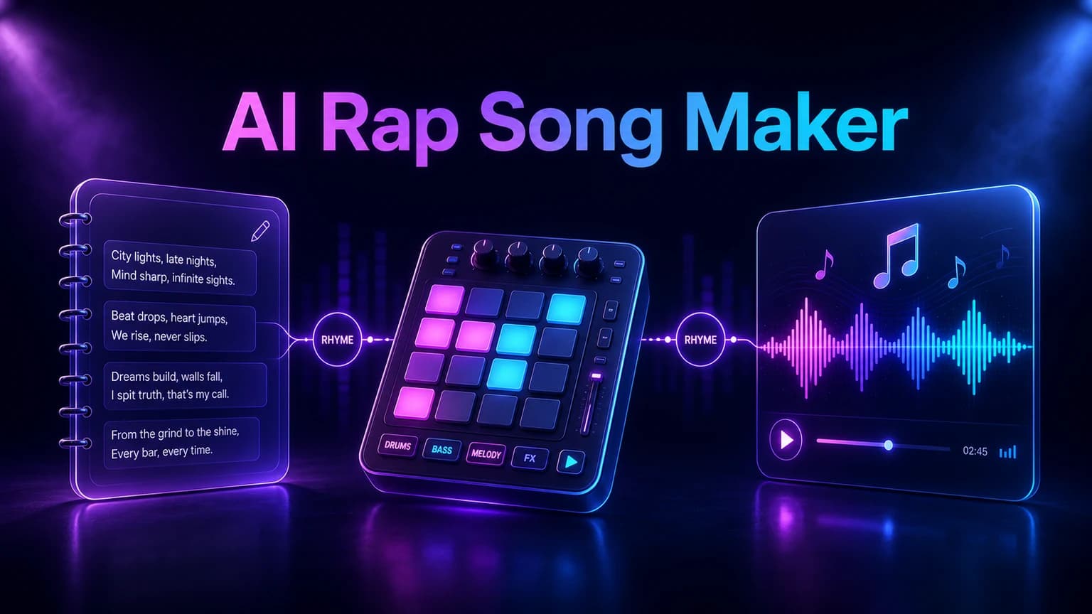 AI rap song maker workflow with lyric notebook, neon beat pad, rhyme nodes, and waveform player
