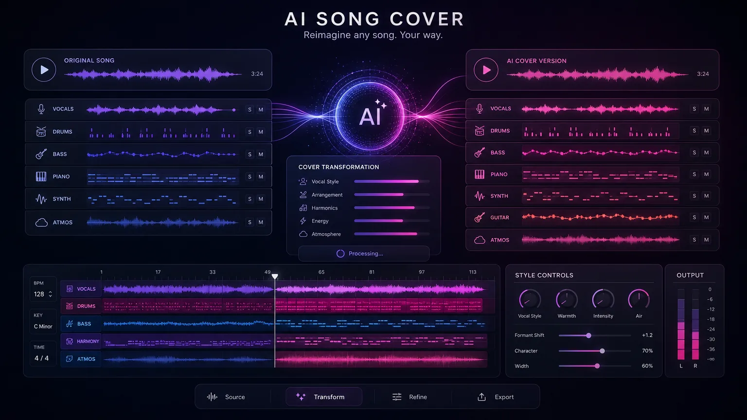AI song cover workflow with voice selector, cover art, and music arrangement controls