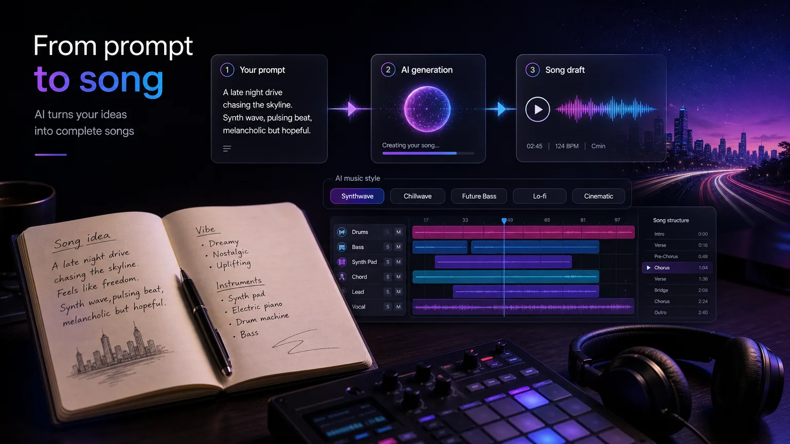 AI song prompt workflow with lyric notebook, waveform, headphones, and neon music cards