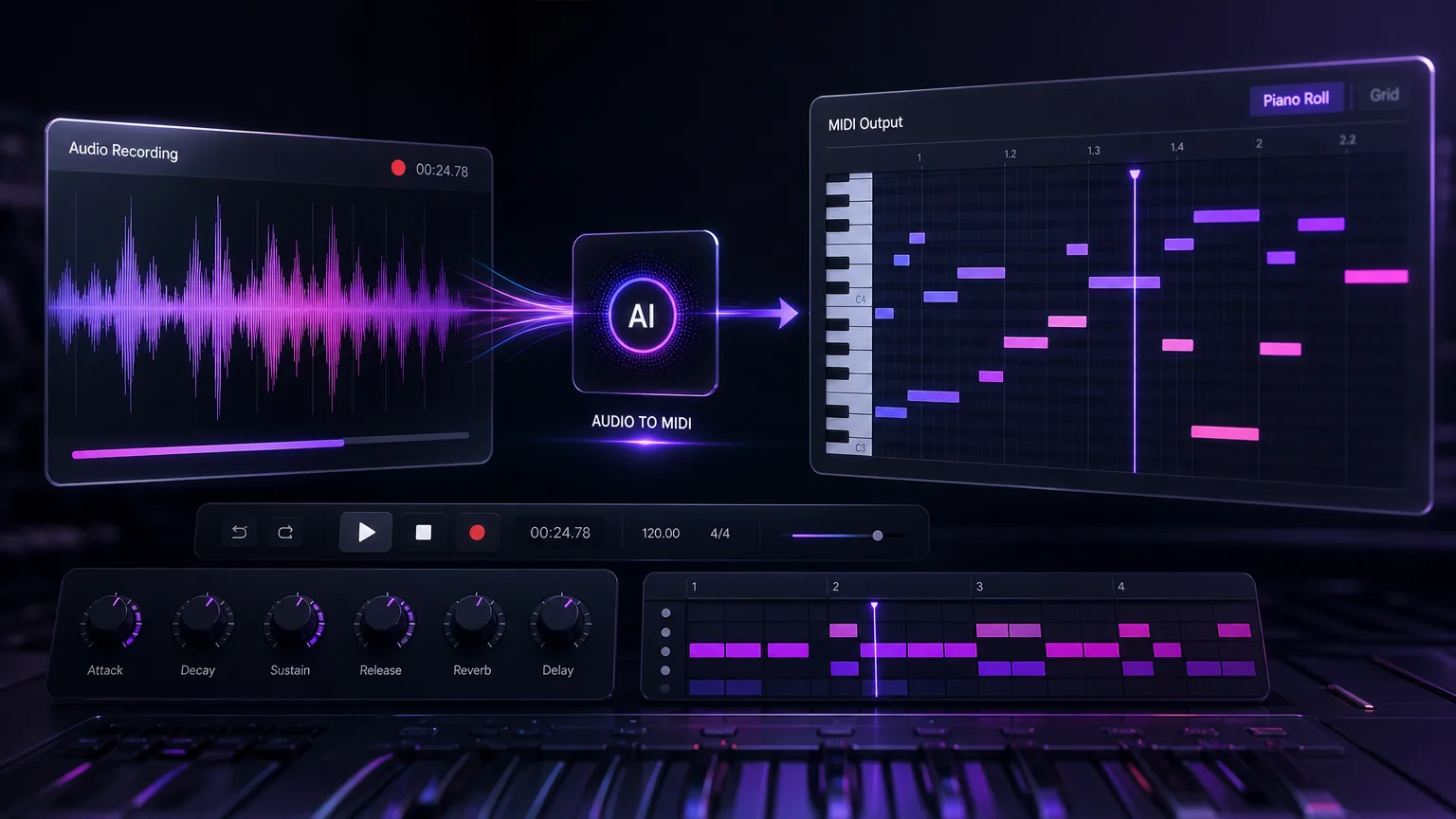 Audio to MIDI conversion icon showing melody notes extracted from a recording