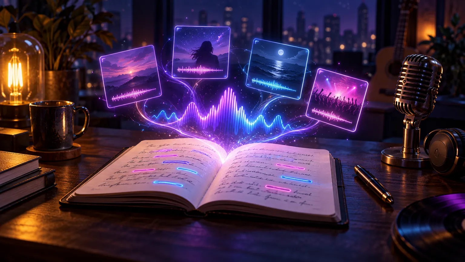 AI song lyrics platform with verse, chorus, and bridge cards, rhyme highlights, a handwritten notebook, and a glowing song waveform