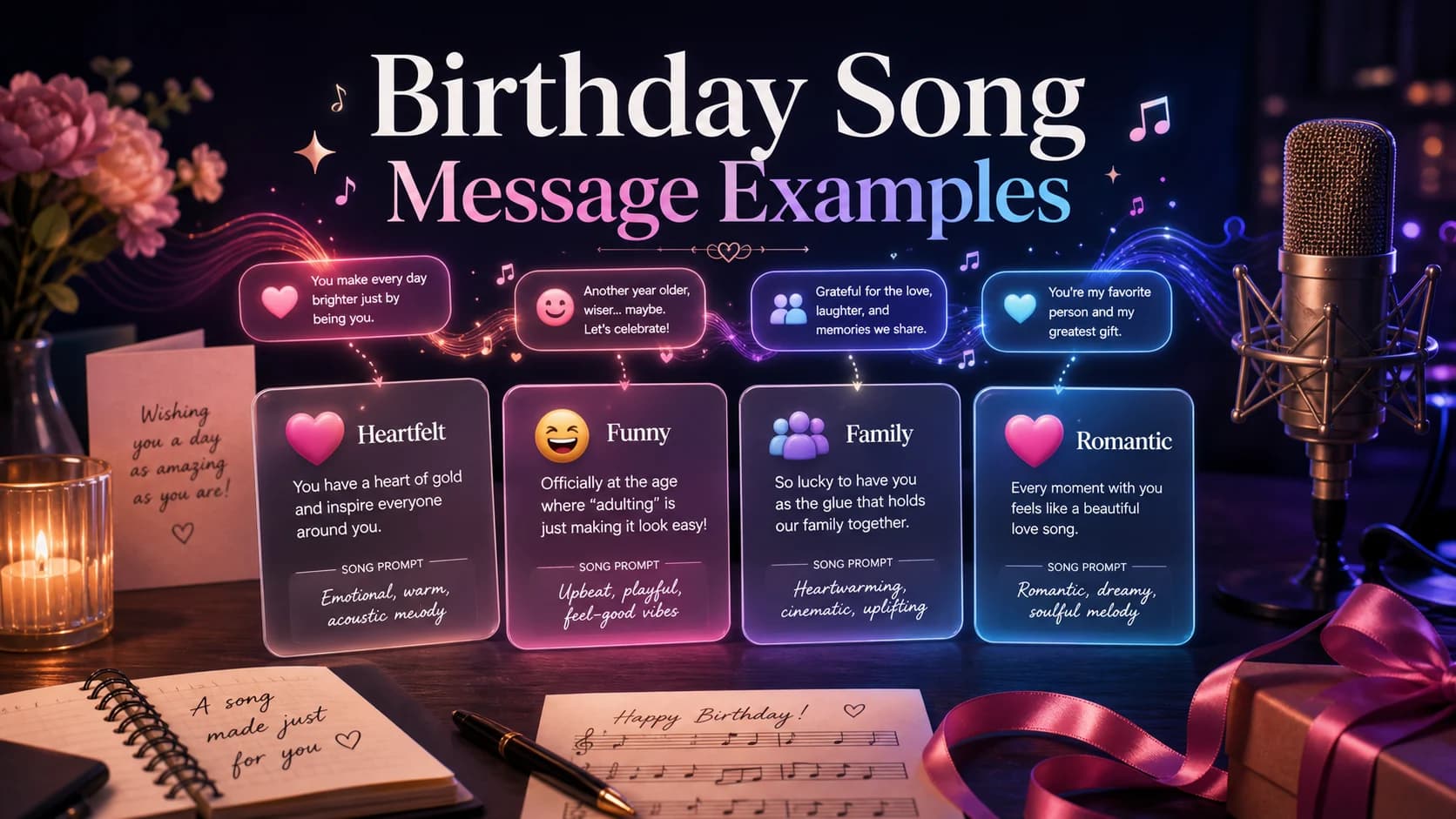 Birthday song message examples with heartfelt, funny, family, and romantic prompt cards around a glowing waveform