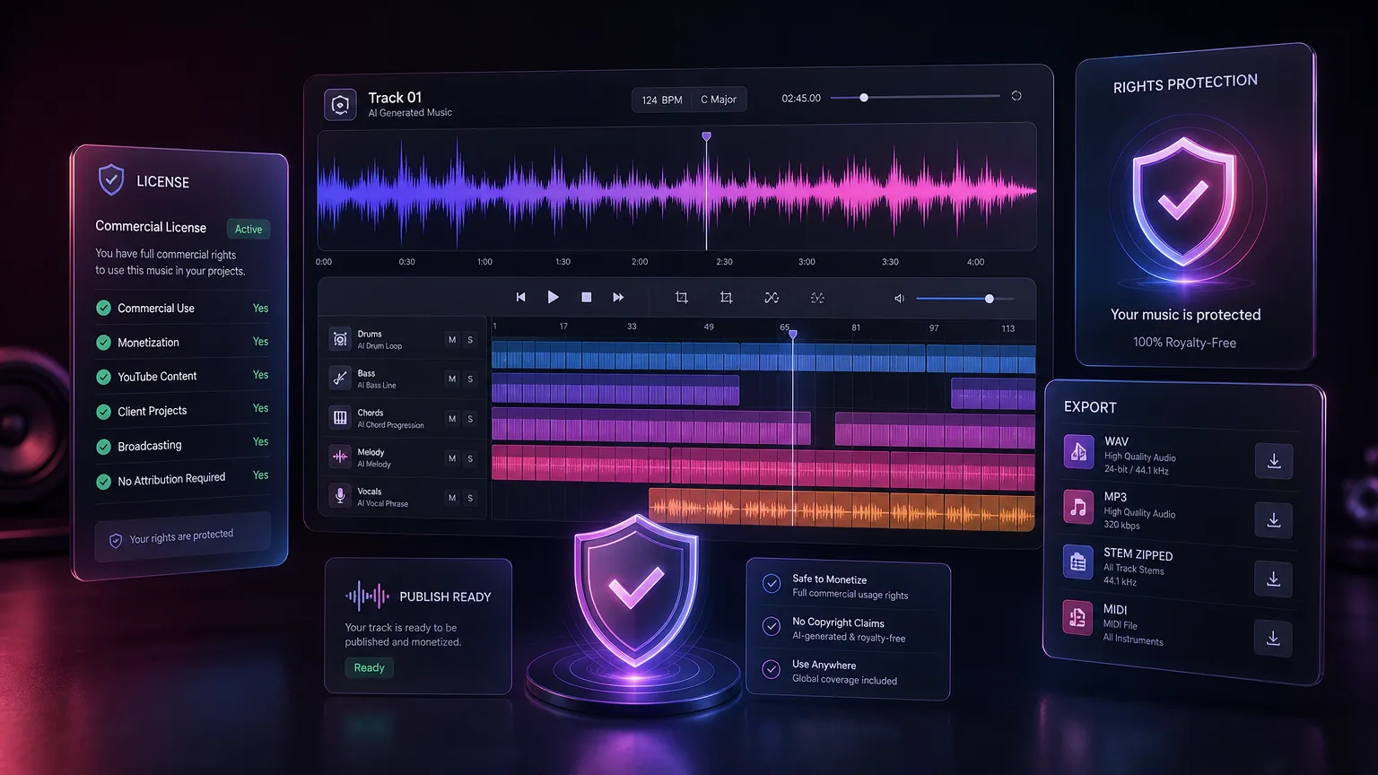 Copyright-safe AI music licensing dashboard with shield, waveform, and commercial rights checklist
