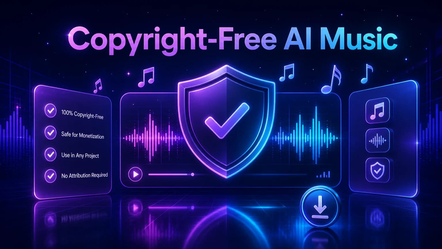 Copyright-free AI music shield with neon waveform, checklist cards, and download icon
