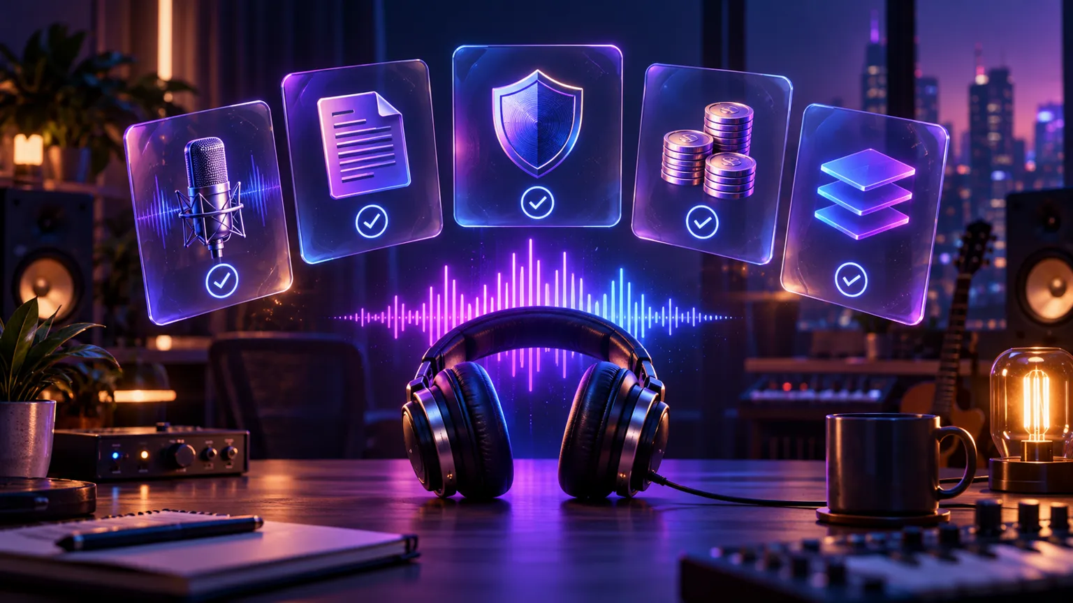 Checklist for choosing the best AI music generator with comparison cards for vocals, lyrics, rights, credits, and stems beside a glowing waveform
