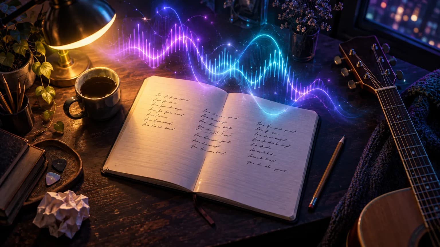 Um caderno com versos escritos à mão em três blocos, um lápis, uma xícara de café e um violão sob uma luz quente, com uma onda sonora violeta e azul subindo das páginas