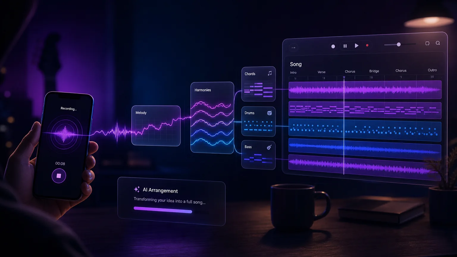 Hummed melody turning into AI music with glowing notes and studio waveform art