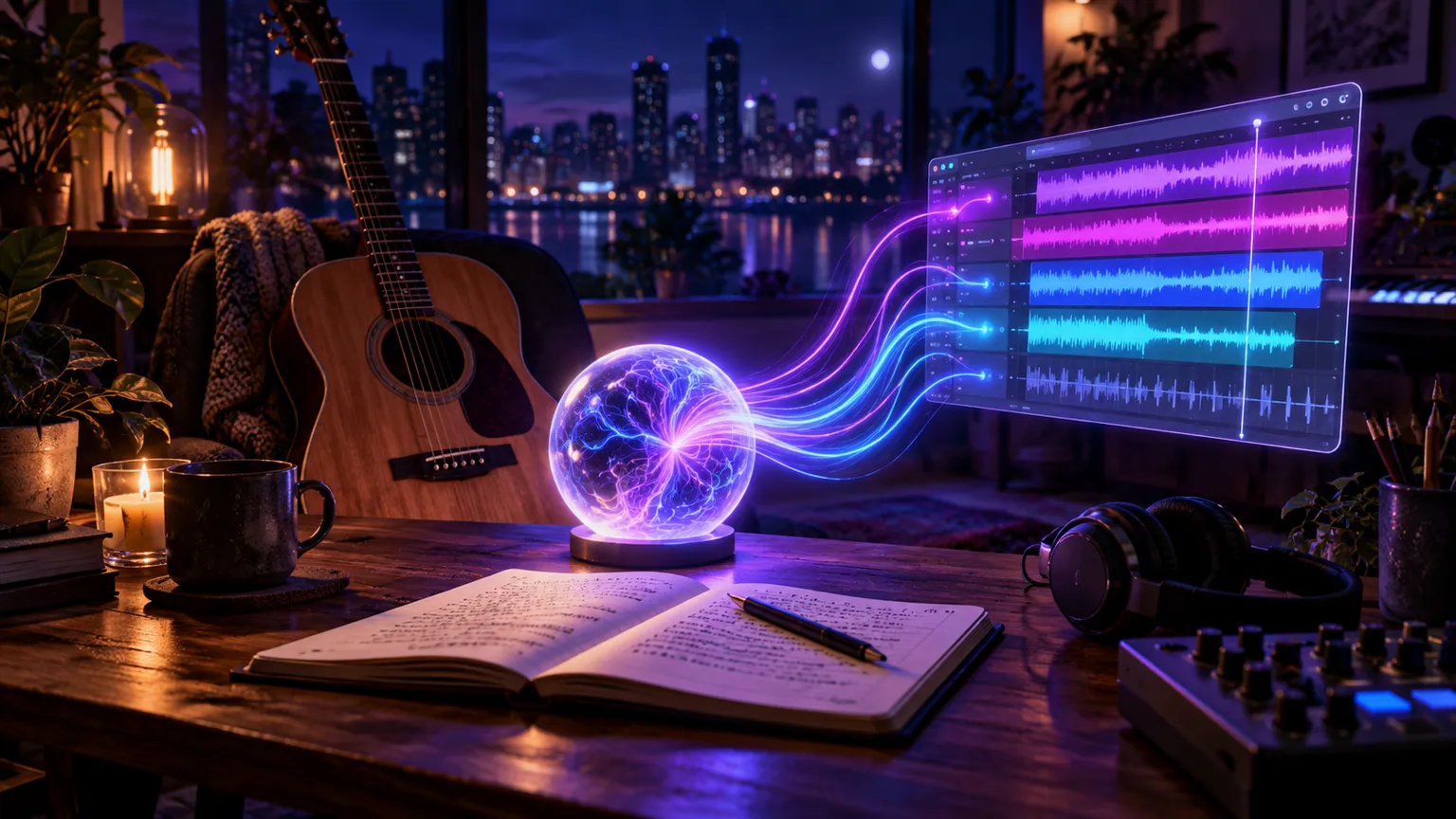 Songwriter studio showing the impact of AI on music creation with a lyric notebook, guitar, glowing AI waveform, and mixing timeline