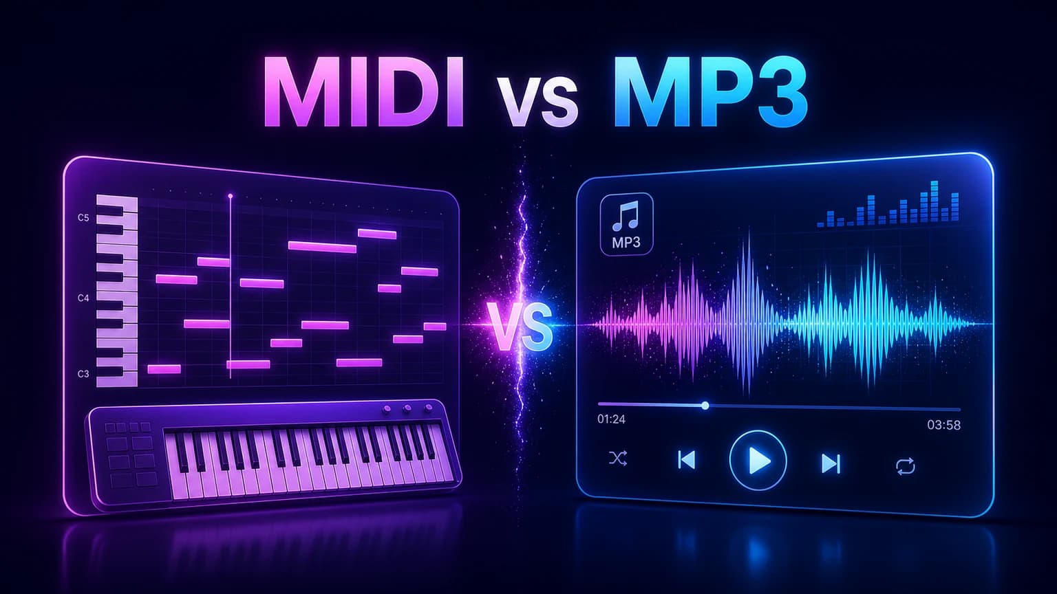 MIDI vs MP3 comparison with piano roll notes, keyboard, waveform player, and neon audio panels