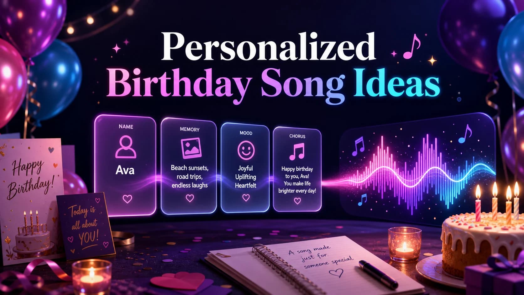 Personalized birthday song idea cards with name, memory, mood, chorus, balloons, and glowing waveform