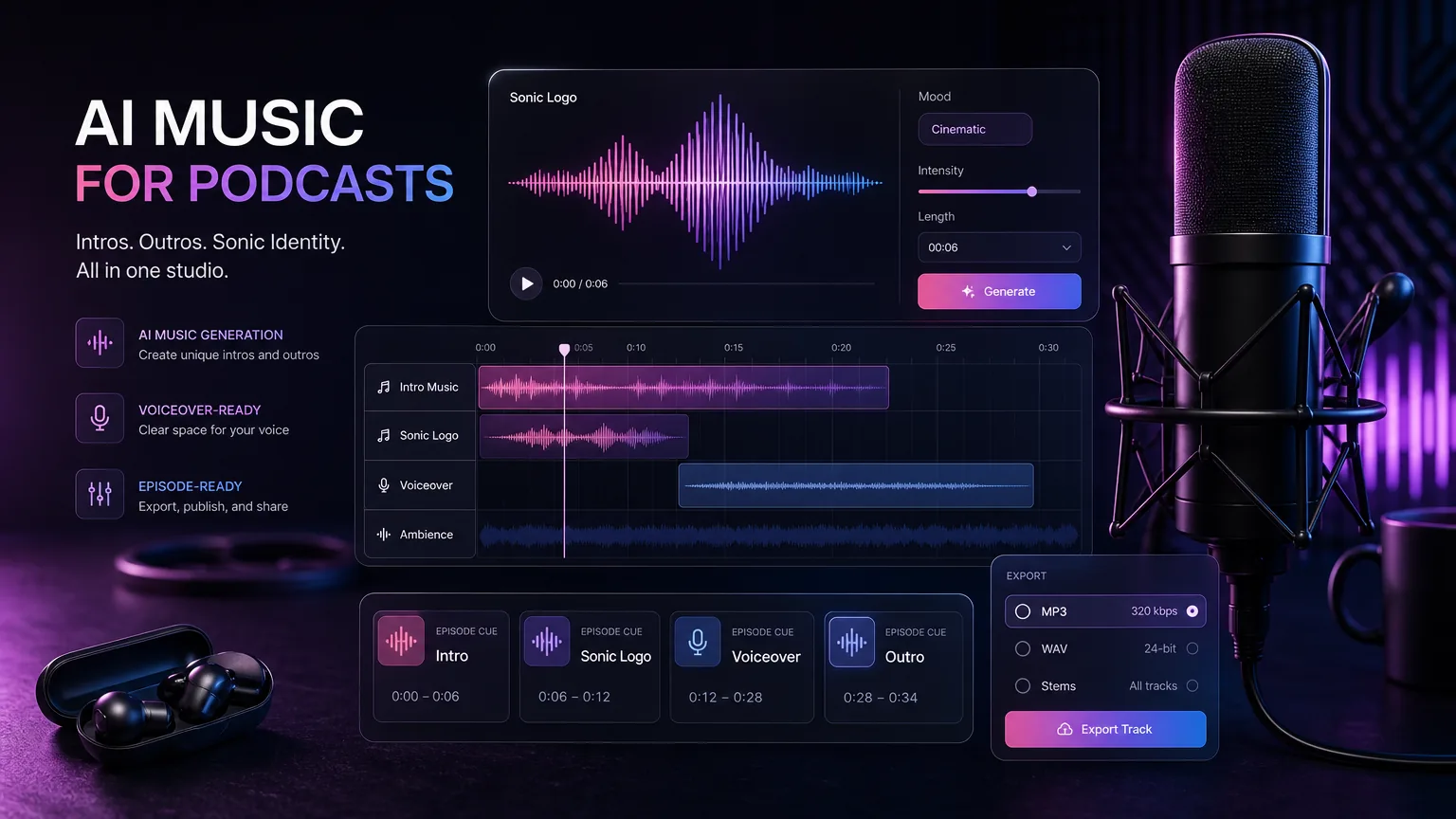 Podcast intro music workflow with microphone, waveform, and short AI music cue timeline