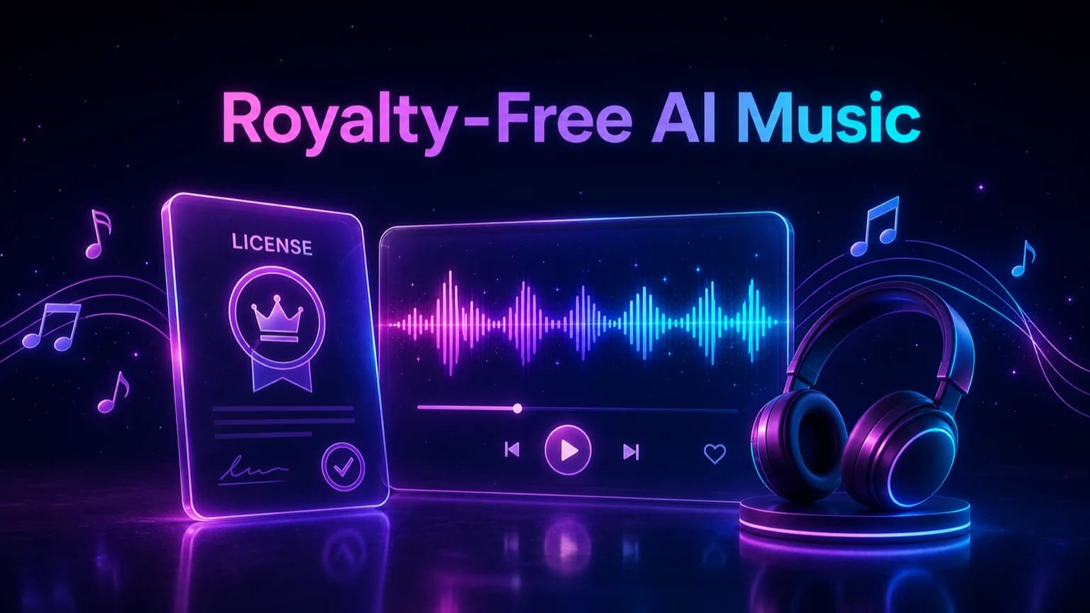 Royalty-free AI music license card with neon waveform, headphones, and music notes