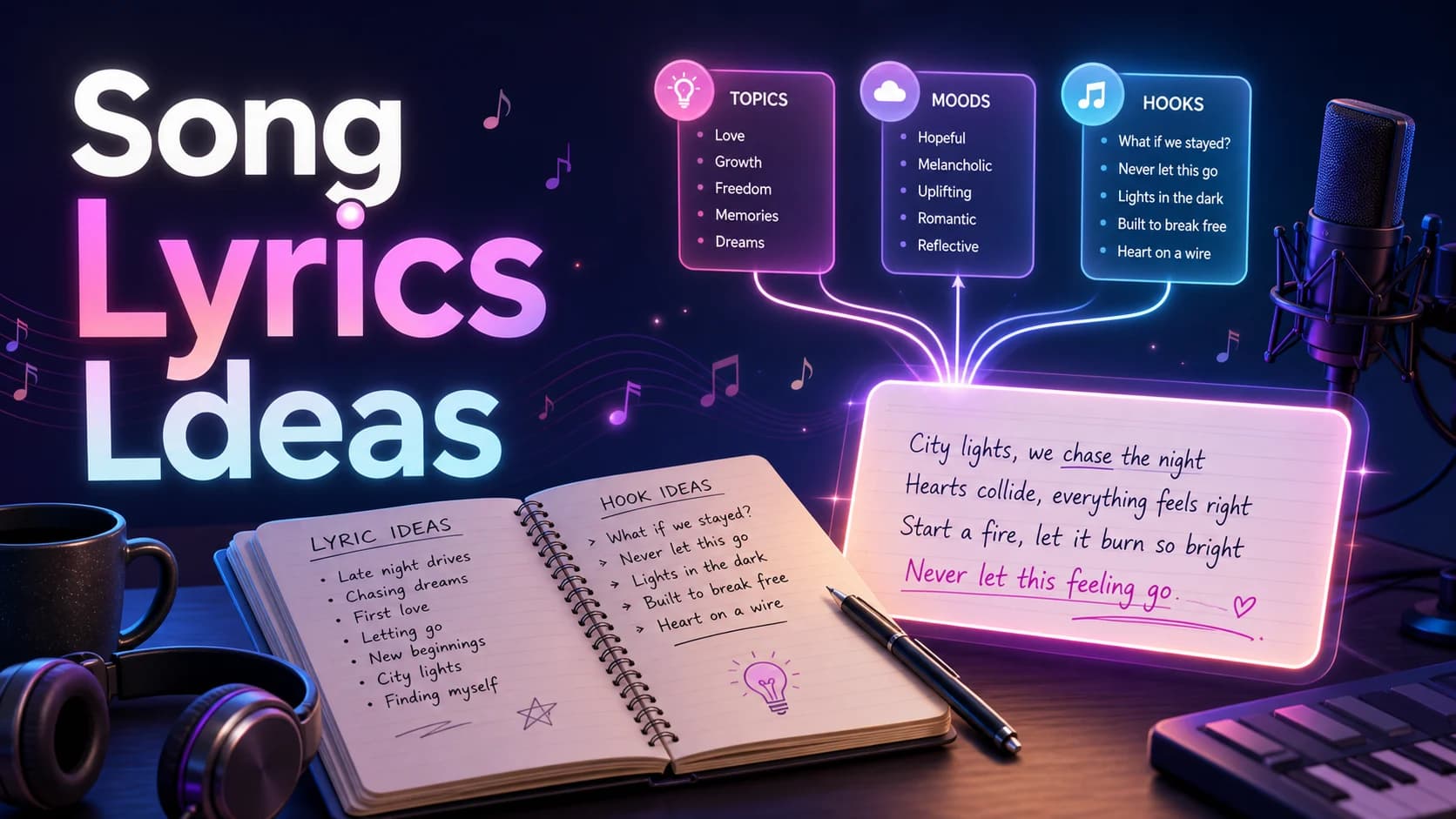 Song lyrics ideas board with hook cards, lyric notebook, glowing waveform, and AI songwriting prompts