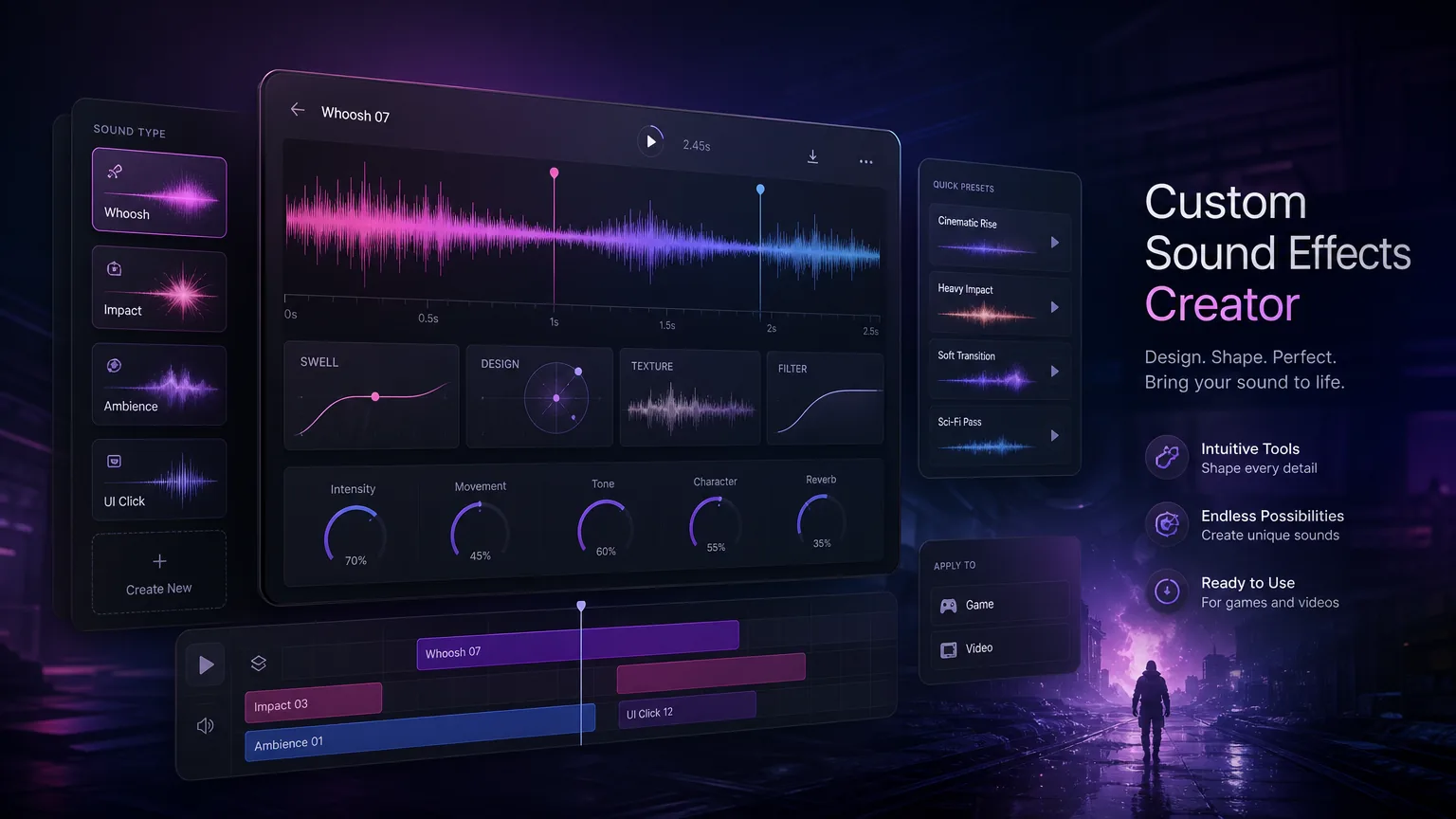 AI sound effects creator with waveform cards, cinematic hits, and custom audio prompt controls