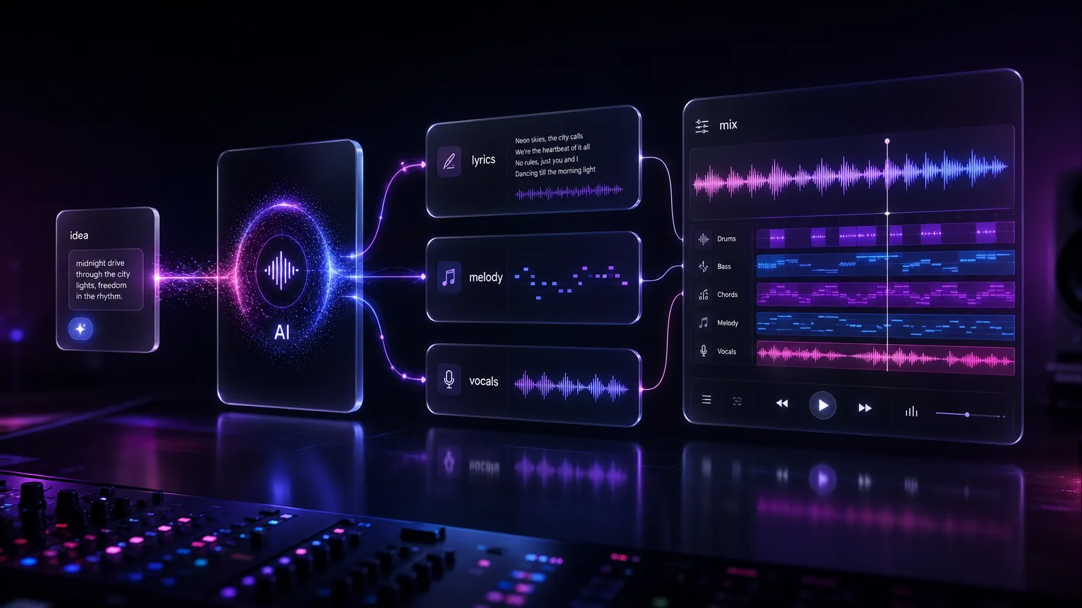 Text idea becoming an AI song draft with glowing studio controls and waveform layers