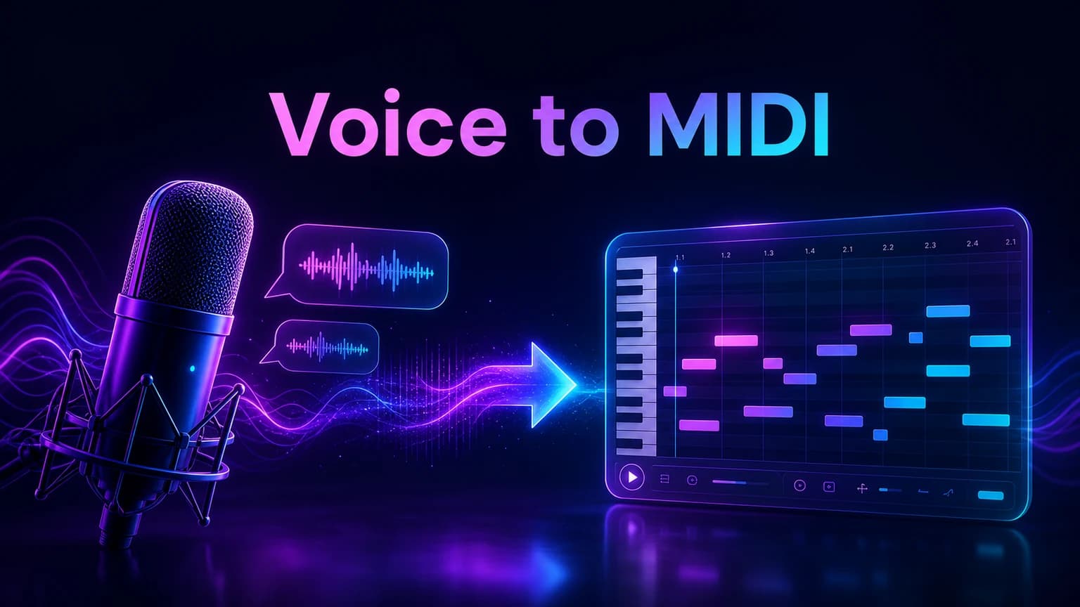 Voice to MIDI workflow with microphone, glowing waveform, arrow, and editable piano roll notes