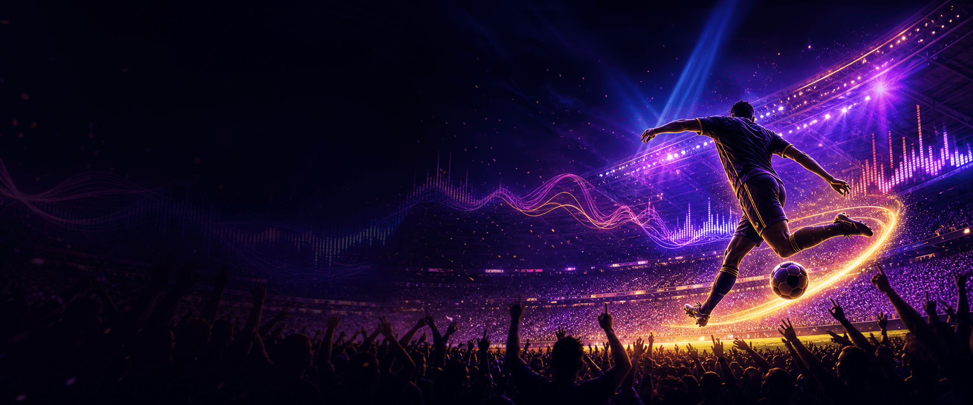 Dark neon football stadium with music waveforms and crowd lights
