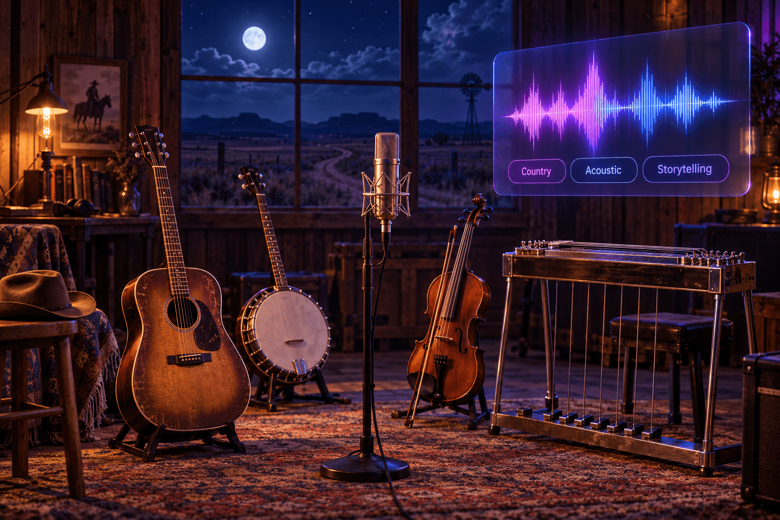 AI country song generator in a warm night studio with acoustic guitar, banjo, fiddle, pedal steel, vintage microphone, moonlit prairie, and a glowing waveform