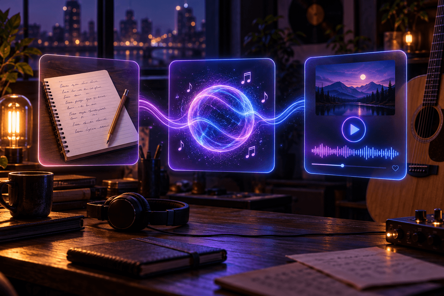 Three-step country song workflow from a lyric notebook to a glowing AI generation orb and a finished track card with play button
