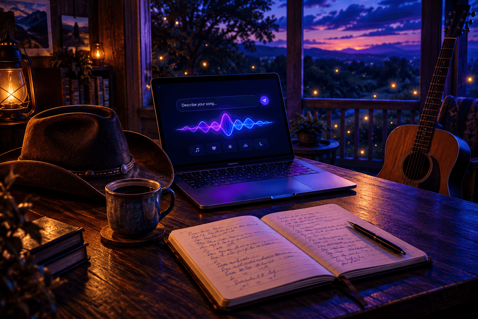 Country songwriting desk with handwritten lyric notebook, cowboy hat, coffee, acoustic guitar, and a laptop showing a music prompt and neon waveform