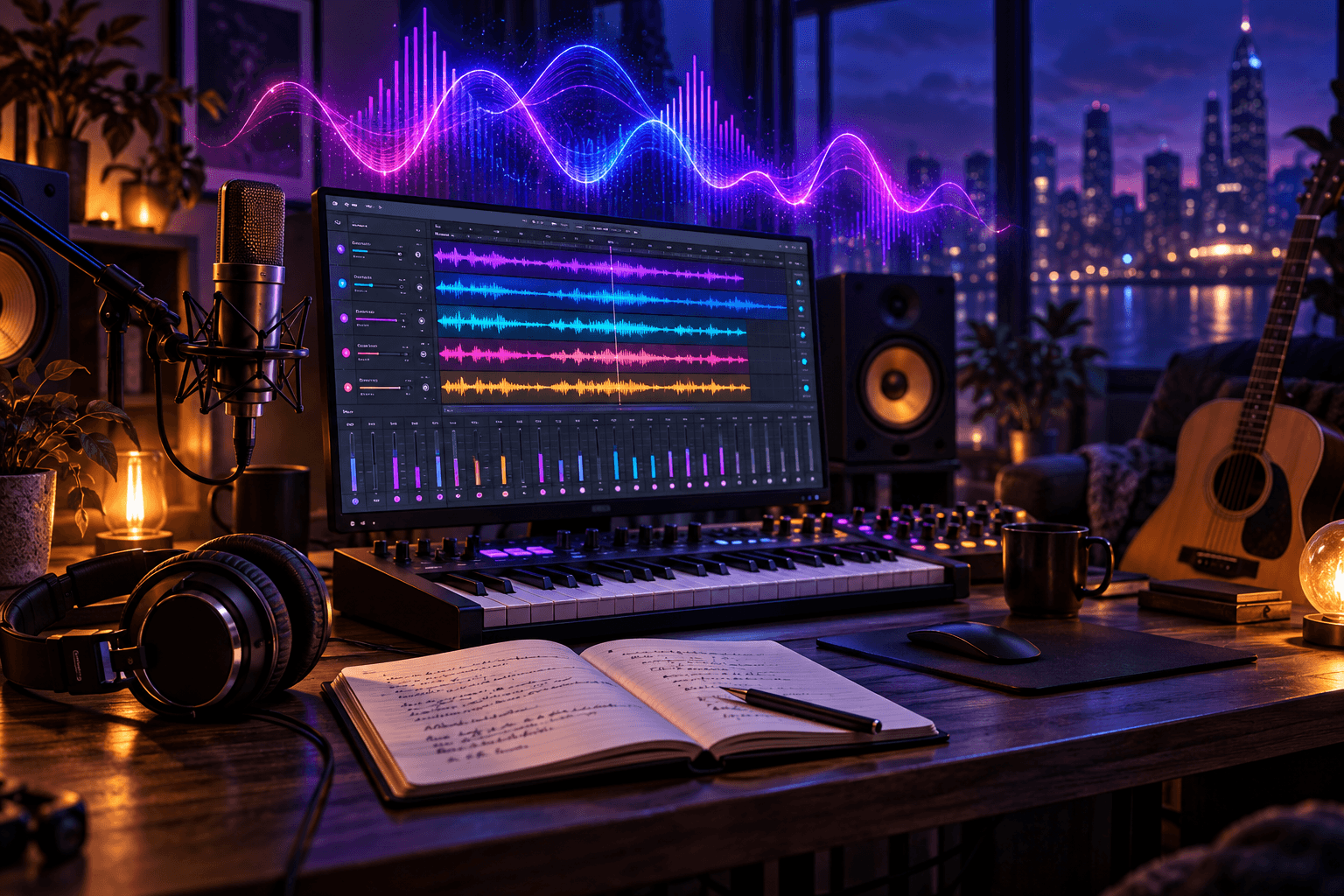 Music production desk with lyric notebook, headphones, vocal microphone, mixer showing separated stems, MIDI keyboard, and acoustic guitar