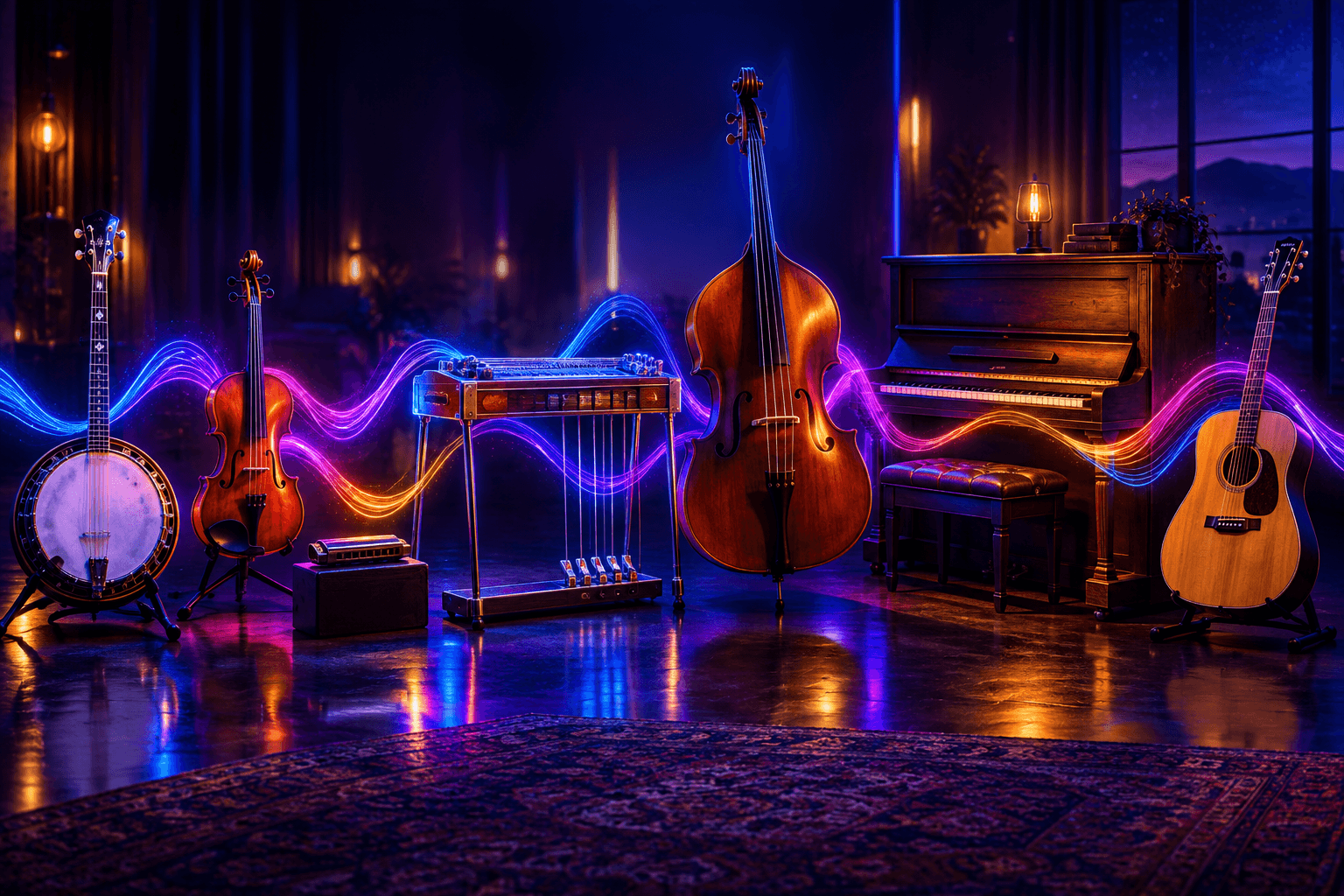 Country instruments under neon studio light including banjo, fiddle, harmonica, pedal steel guitar, upright bass, upright piano, and acoustic guitar