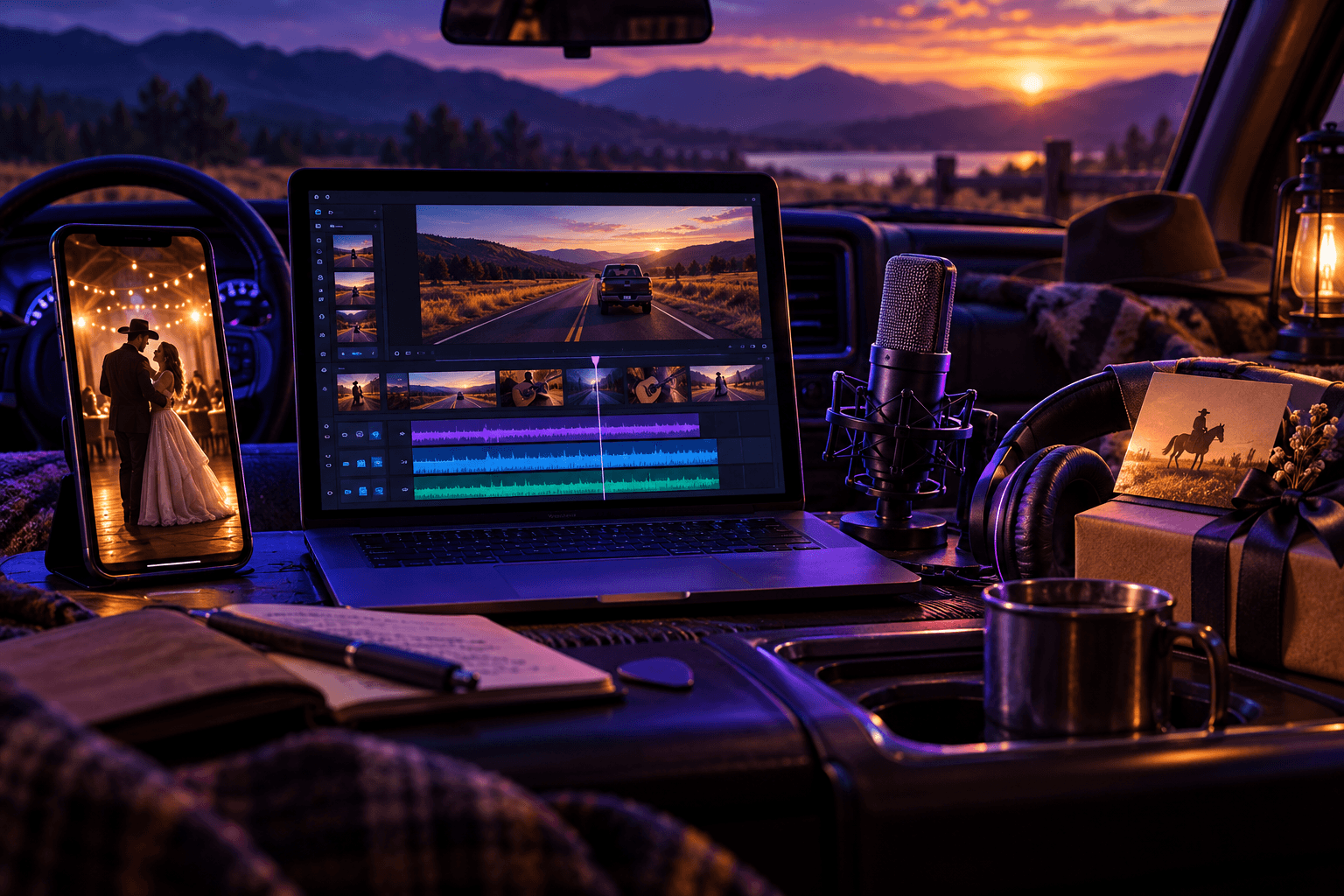 Creator workspace with a wedding first-dance video, road-trip edit timeline, podcast microphone, and gift card inside a pickup truck at sunset