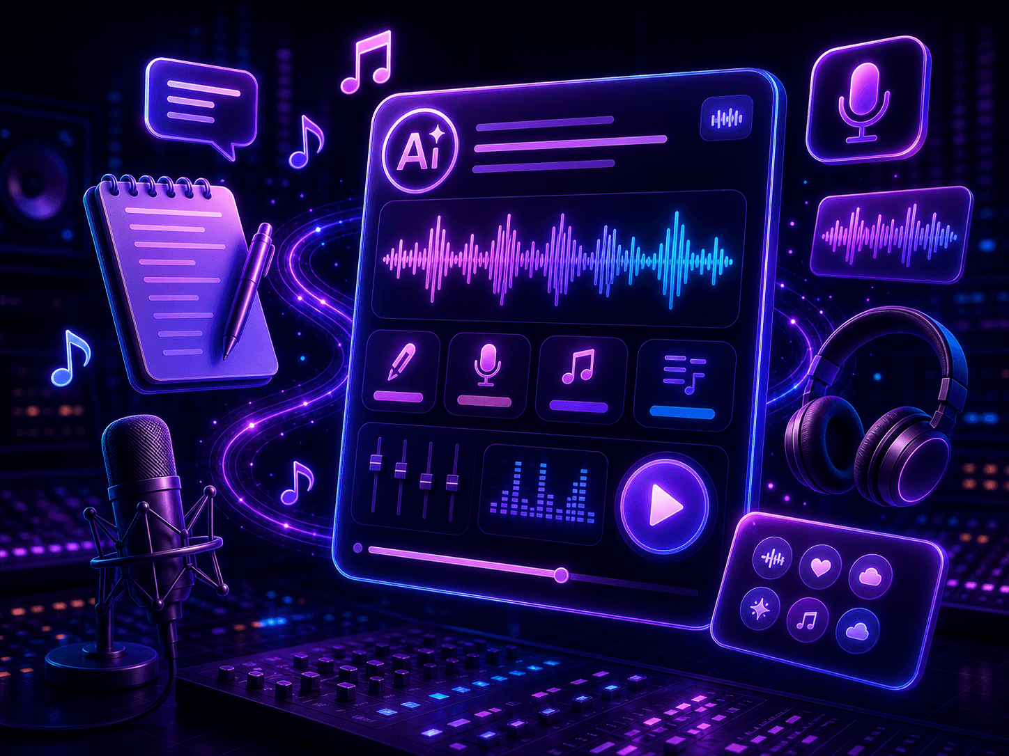 AI music generator workspace with prompt input, lyrics, style tags, vocal controls, waveform, and song preview