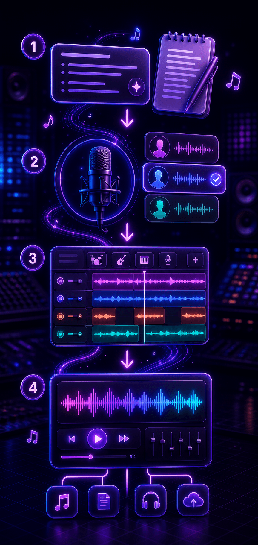 AI music workflow showing prompt lyrics vocals style tags generation and final song preview