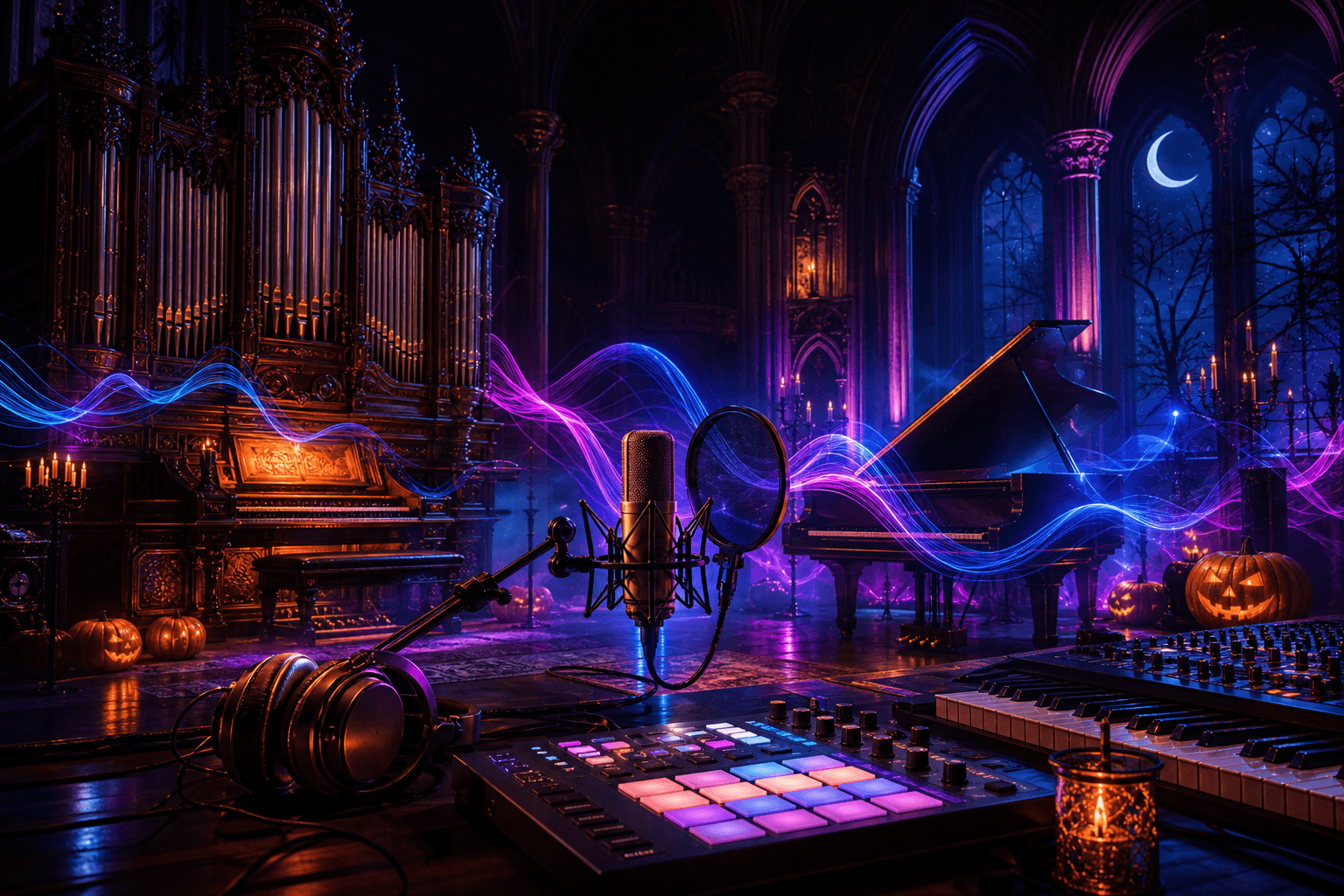 Halloween song generator in a dark neon gothic music studio with microphone, organ, piano, headphones, waveform, moonlight, and pumpkins