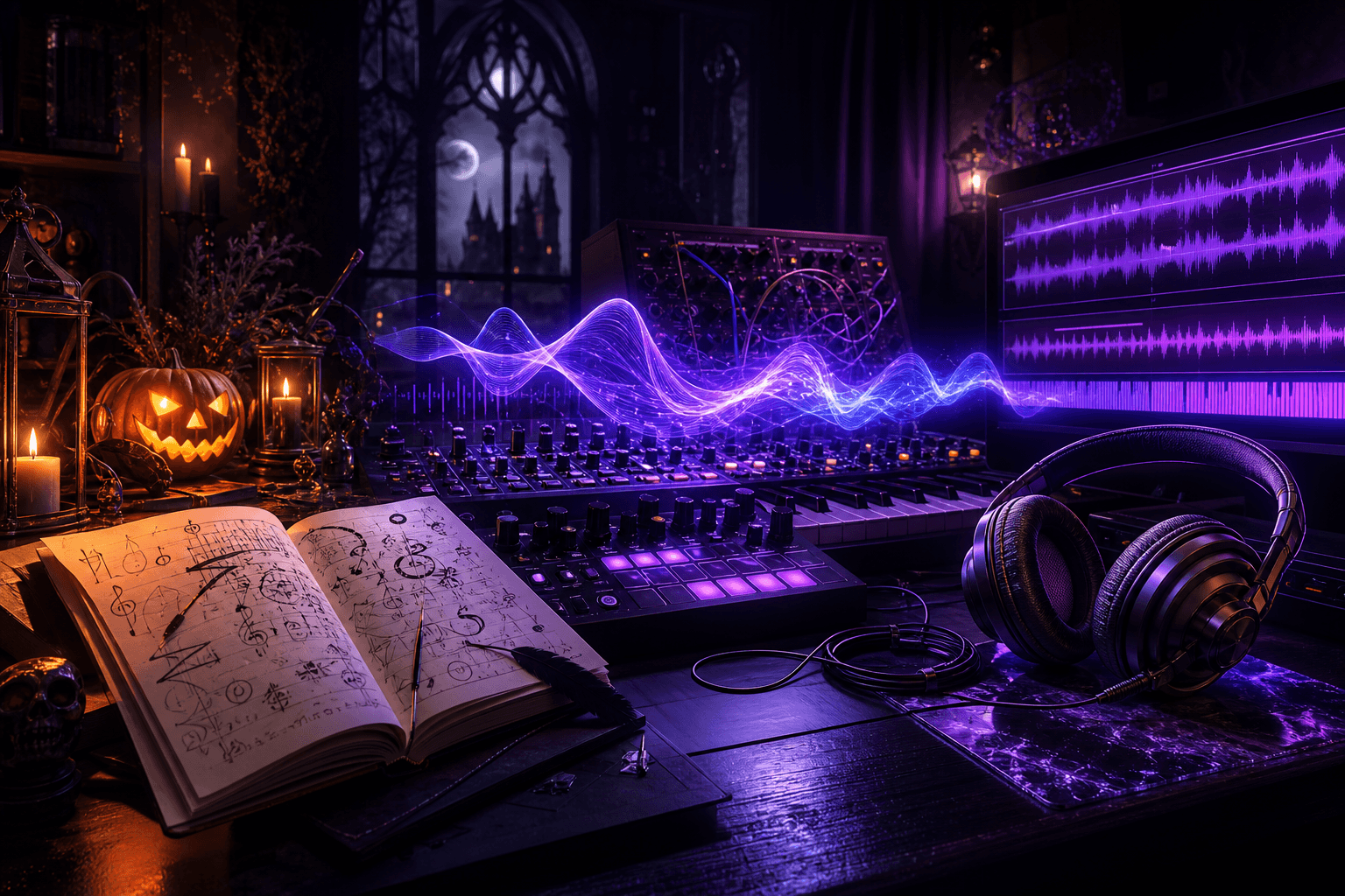 Three-step Halloween music workflow with concept sketch, neon waveform generator, mixer, headphones, and finished audio
