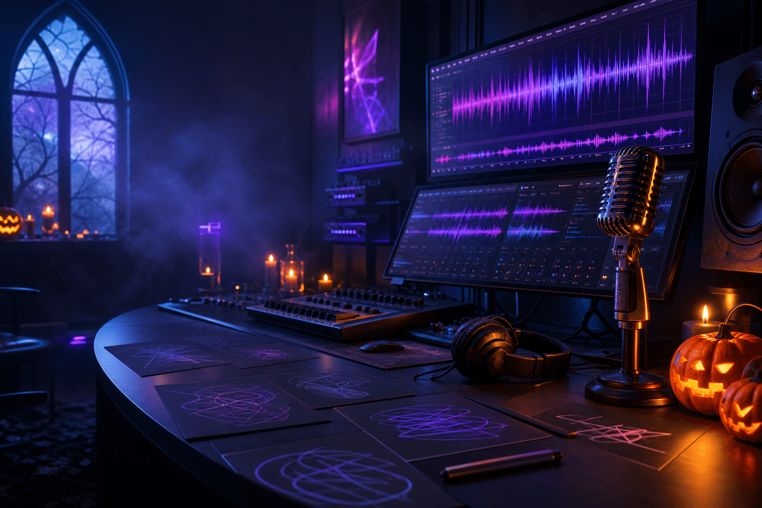 Halloween AI song prompt studio with glowing waveforms, microphone, headphones, gothic window, candles, and pumpkins