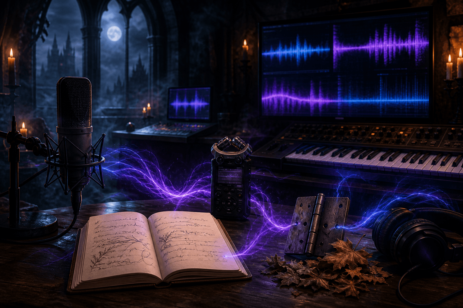 Halloween sound design desk with microphone, lyric notebook, field recorder, door hinge, leaves, headphones, synthesizer, and spectral waveforms