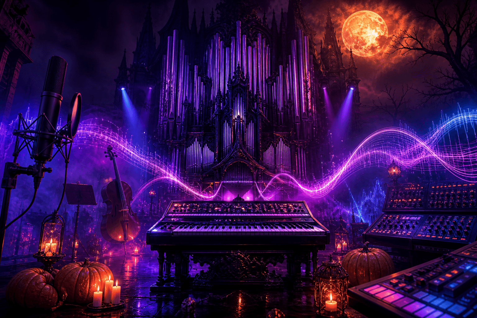 Halloween music styles with gothic organ, synthesizer, strings, microphone, audio controller, neon waveform, and orange moon