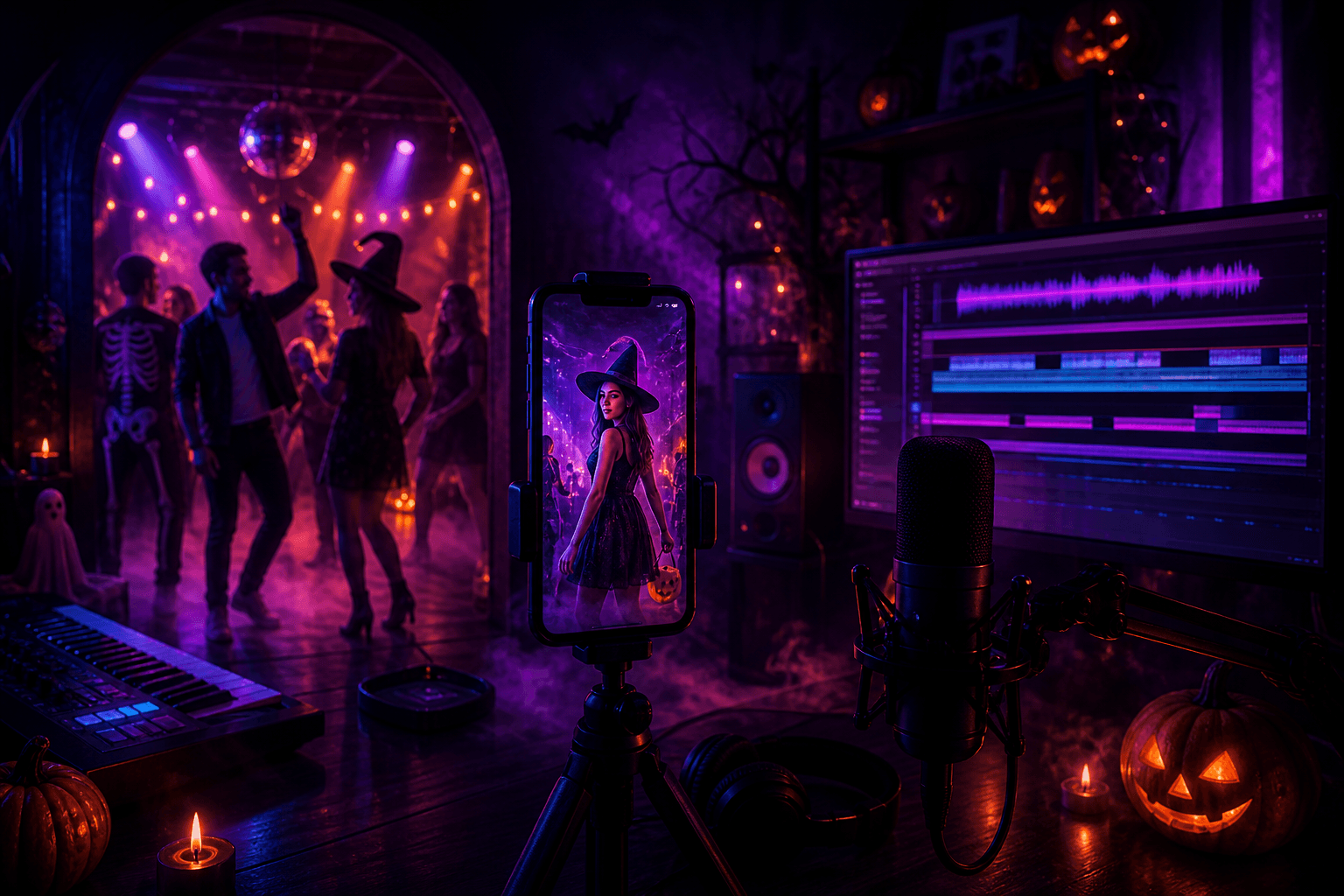 Halloween creator studio connecting a costume party, vertical video, podcast microphone, editing timeline, keyboard, and pumpkins