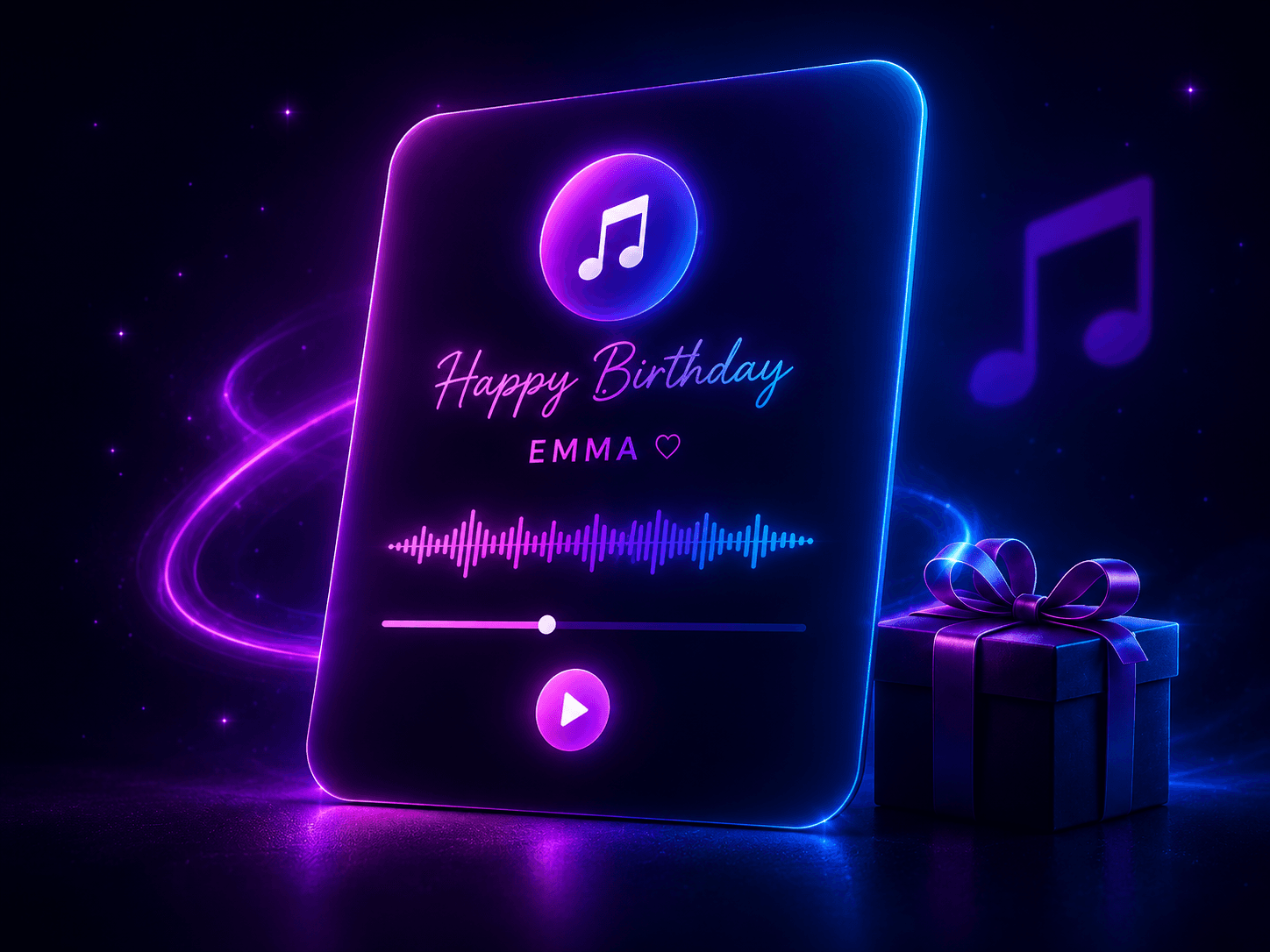 3D neon birthday song player card with personalized lyrics and a wrapped gift