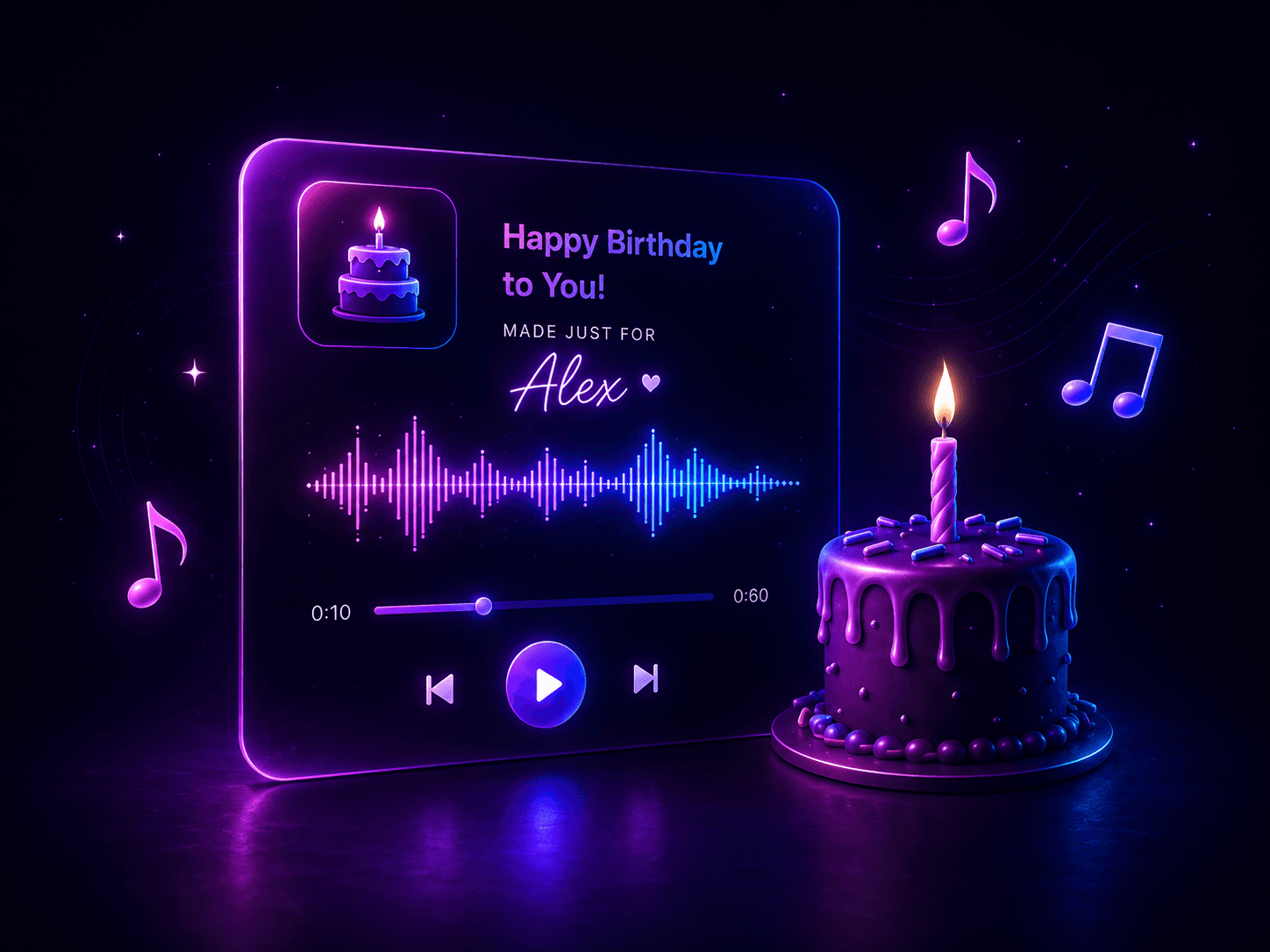3D neon birthday cake with music player playing a personalized song