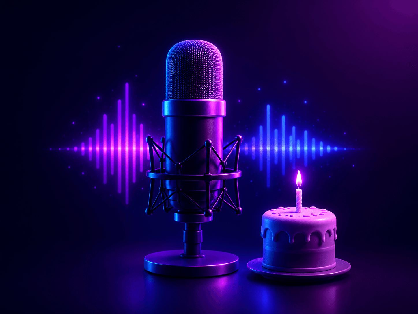 3D neon studio microphone next to a birthday cake with a glowing candle and audio waveform behind