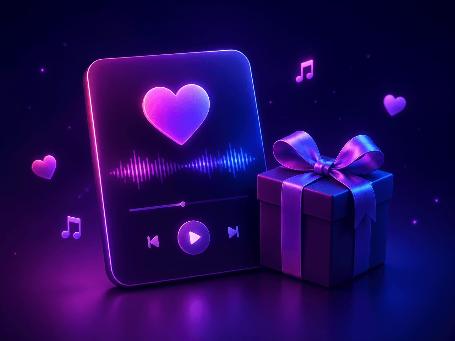 Neonmusikkarte mit leuchtenden Herzsymbolen und einem verpackten Jubiläumsgeschenk