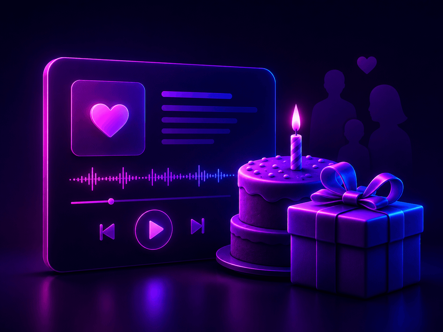 Neon-Geburtstagsliedkarte mit Kuchen, Geschenk und einer Familiensilhouette im Hintergrund