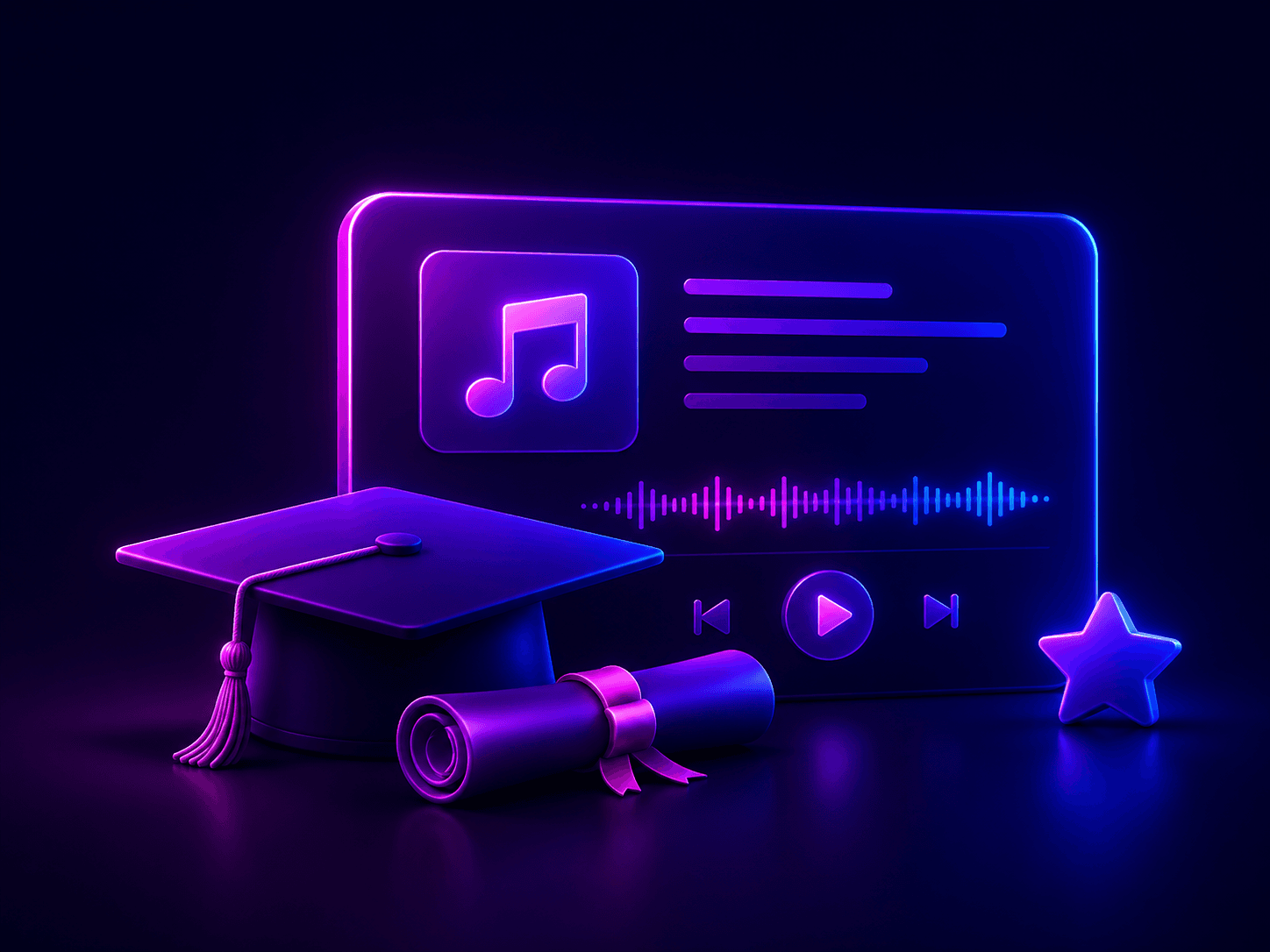 Neonmusikkarte mit Abschlusskappe, Diplom und Wellenform