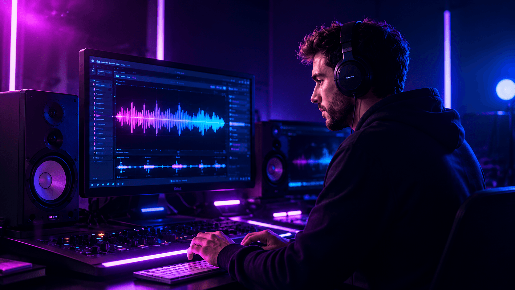 Audio engineer editing sound effects