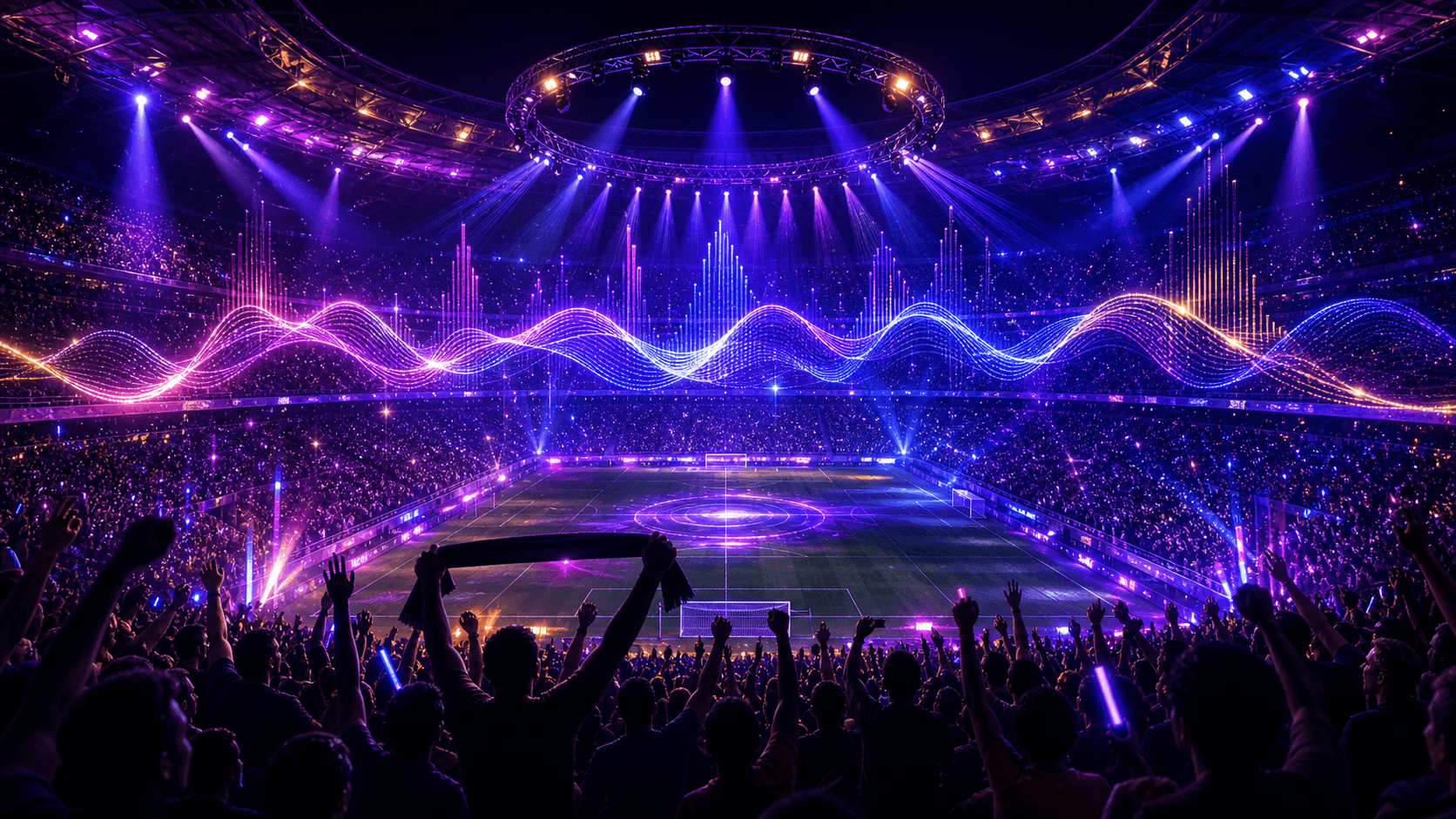 Estadio de fútbol oscuro con luces de público y ondas musicales de neón
