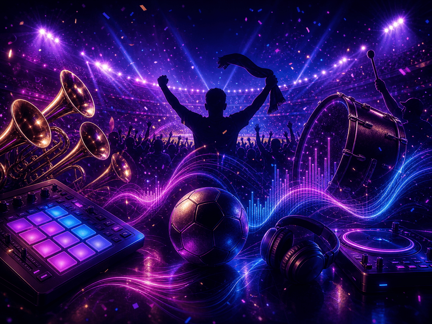 Tablero de estilo de himno de fútbol con instrumentos y luces de estadio